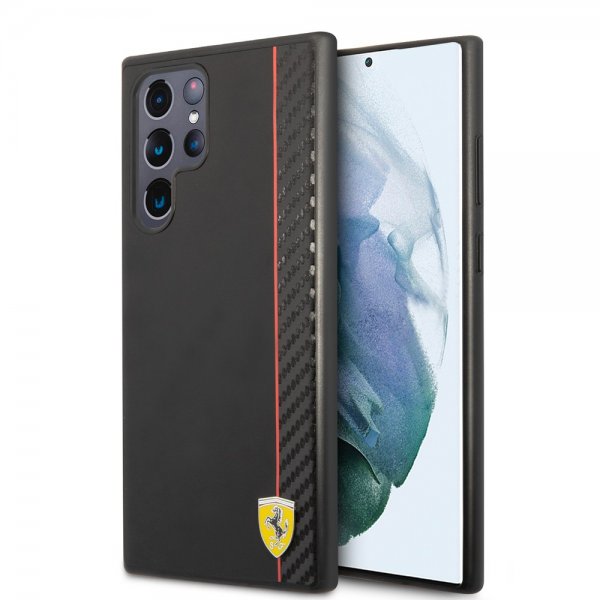 Ferrari Samsung Galaxy S22 Ultra Suojakuori Vertical Stripe Metallilogo Musta
