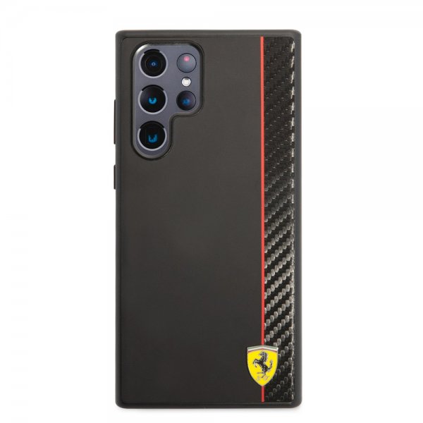 Ferrari Samsung Galaxy S22 Ultra Suojakuori Vertical Stripe Metallilogo Musta