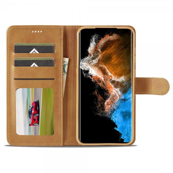 Lc.Imeeke Samsung Galaxy S23 -suojakuori korttipaikalla ja jalustatoiminnolla, ruskea