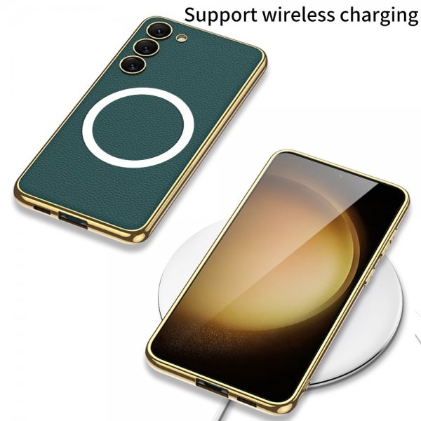 GKK Samsung Galaxy S23 Plus -suojakuori litsi-kuvioinnilla, päällystetyllä reunalla ja MagSafe-yhteensopivuudella, vihreä