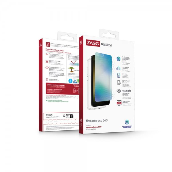 ZAGG InvisibleShield Samsung Galaxy S23 Plus -suojakuori ja Flex XTR2 Eco 360 -näytönsuoja
