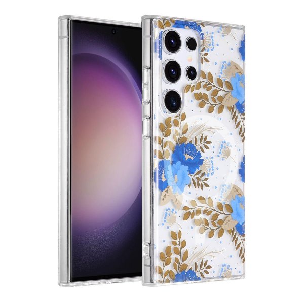 Samsung Galaxy S23 Ultra Kuori Kukkakuvio MagSafe Sininen Kulta