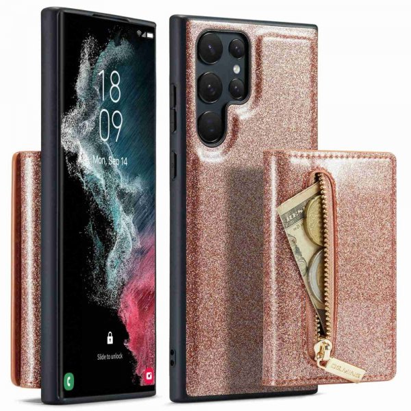 Dg.Ming Samsung Galaxy S23 Ultra -kotelo M3-sarja Irrotettava korttipidike Glitter Ruusukulta