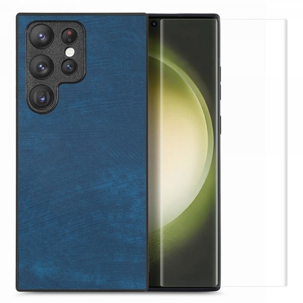 Enkay Samsung Galaxy S23 Ultra kuori näytönsuojalla, nahkatekstuuri, sininen