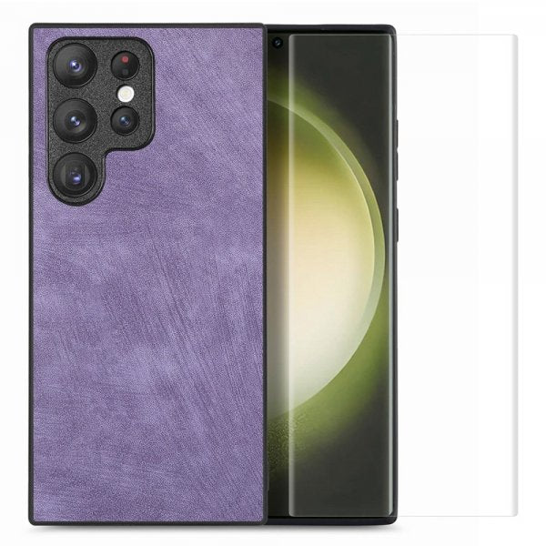 Enkay Samsung Galaxy S23 Ultra Kuori näytönsuojalla, nahkatekstuuri, violetti
