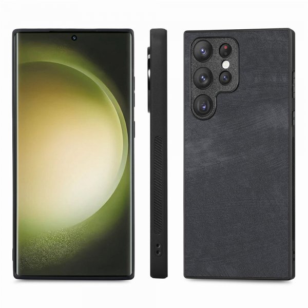 Enkay Samsung Galaxy S23 Ultra kuori näytönsuojalla, nahkakuvioitu, musta