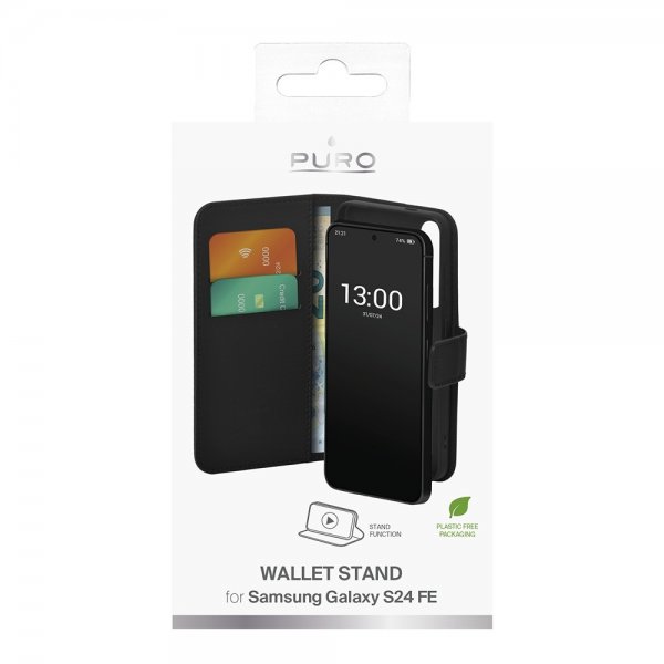 Puro Samsung Galaxy S24 FE -lompakkokotelo, jalusta, musta