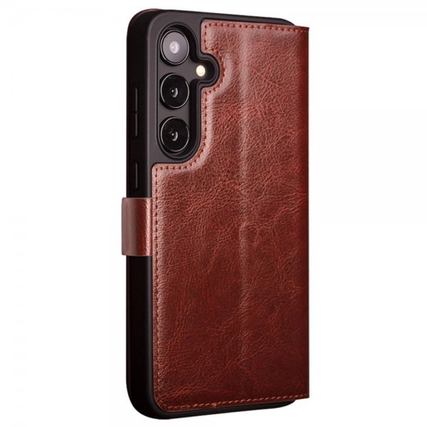 Qialino Samsung Galaxy S24 -kotelo, aitoa nahkaa, korttipaikat, ruskea