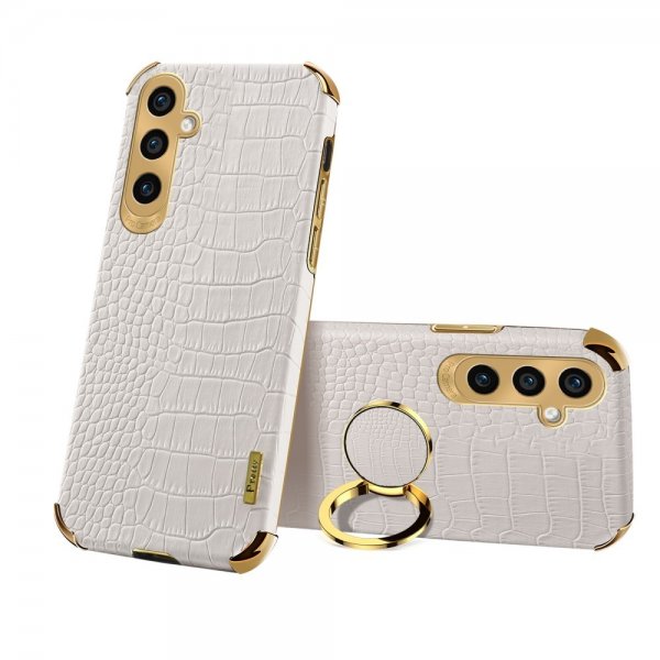 Samsung Galaxy S24 Kuori Krokotiilikuvio Sormus Valkoinen