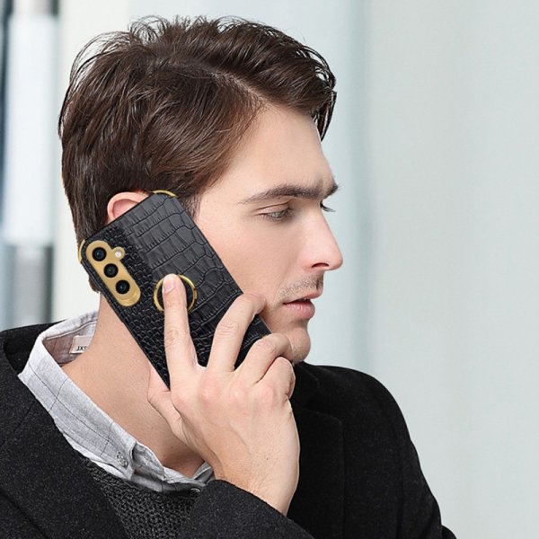 Samsung Galaxy S24 Kuori Krokotiilikuvio Sormus Valkoinen