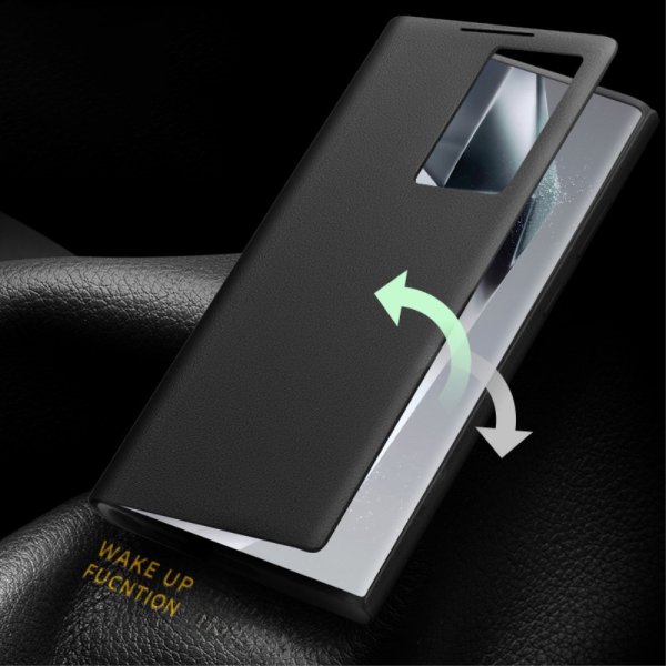 Qialino Samsung Galaxy S24 Ultra Kotelo Ikkuna Aidosta nahasta Musta