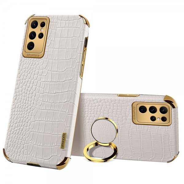 Samsung Galaxy S24 Ultra Kuori Krokotiilikuvio Sormussuojus Valkoinen
