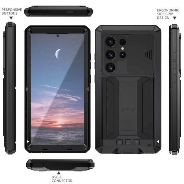 R-JUST Samsung Galaxy S24 Ultra -metallikuori iskunvaimennuksella ja kamerasuojalla, musta