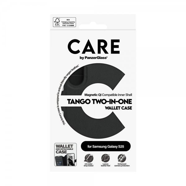 CARE by PanzerGlass Samsung Galaxy S25 Tango Two-in-One Wallet MagSafe -suojakuori, musta