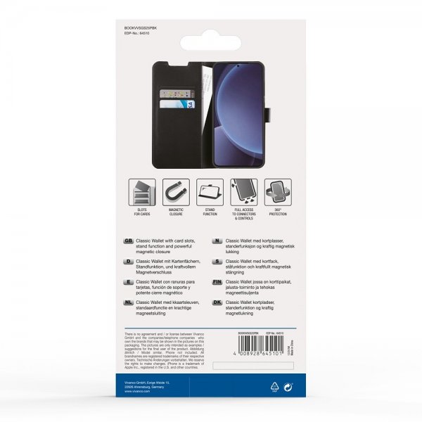 Vivanco Samsung Galaxy S25 Plus Classic Wallet -kotelo, musta