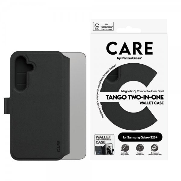 CARE by PanzerGlass Samsung Galaxy S25 Plus -kotelo Tango Two-in-One Wallet MagSafe musta