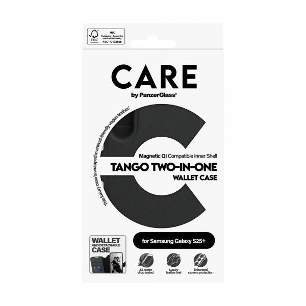 CARE by PanzerGlass Samsung Galaxy S25 Plus -kotelo Tango Two-in-One Wallet MagSafe musta