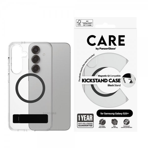 CARE by PanzerGlass Samsung Galaxy S25 Plus -suojakuori jalustalla ja MagSafella, musta