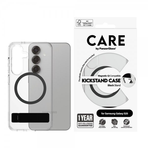 CARE by PanzerGlass Samsung Galaxy S25 -kuori jalustalla MagSafe musta