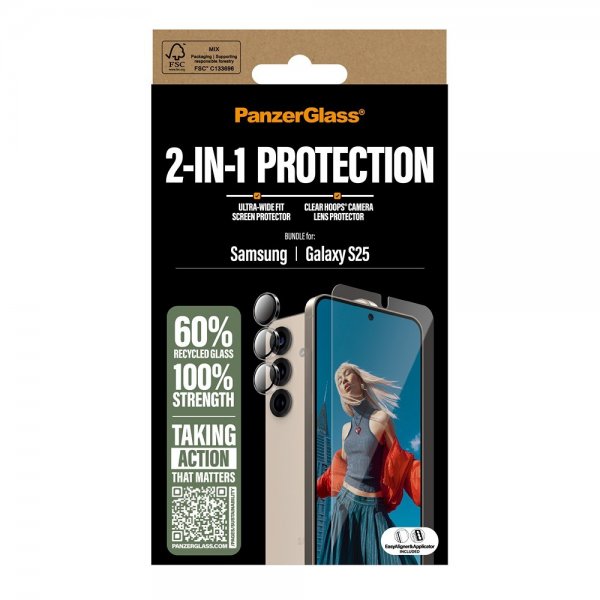 PanzerGlass Samsung Galaxy S25 -näytönsuoja ja kameran suojalasi 2-in-1-paketti