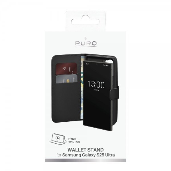 Puro Samsung Galaxy S25 Ultra Kotelo Lompakko Jalusta Musta
