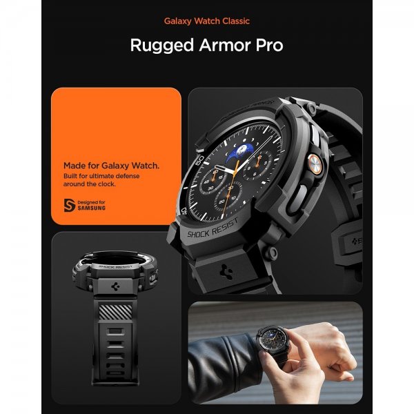 Spigen Samsung Galaxy Watch 8 Classic 46mm ranneke ja suojakotelo Rugged Armor Pro Matte Black