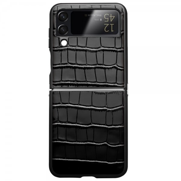 Qialino Samsung Galaxy Z Flip 4 -suojakuori, krokotiilikuvio, musta