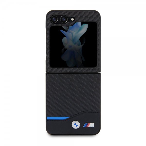 BMW Samsung Galaxy Z Flip 5 Kuoret, hiilikuitujäljitelmä, metallilogo, musta