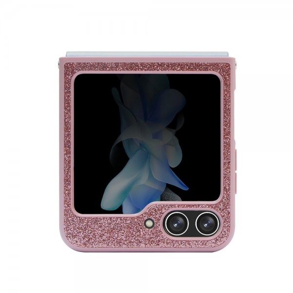 Guess Samsung Galaxy Z Flip 5 Suojakuori Glitterhiutaleita Metalli Logo Roosa