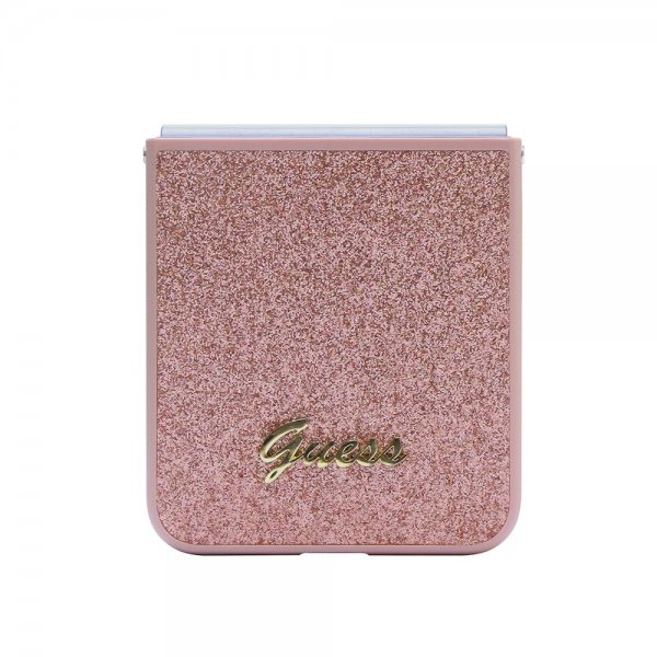Guess Samsung Galaxy Z Flip 5 Suojakuori Glitterhiutaleita Metalli Logo Roosa