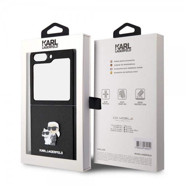Karl Lagerfeld Samsung Galaxy Z Flip 5 Suojakuori NFT Karl & Choupette Pin Saffiano Musta