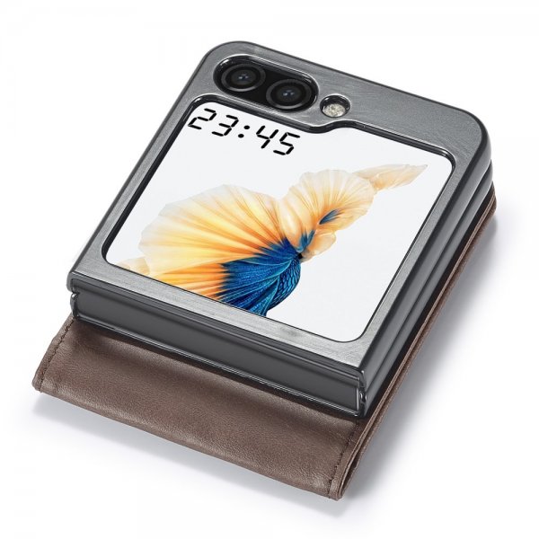 Lc.Imeeke Samsung Galaxy Z Flip 6/Flip 7 FE -suojakotelo korttipaikalla ja jalustatoiminnolla, tummanruskea