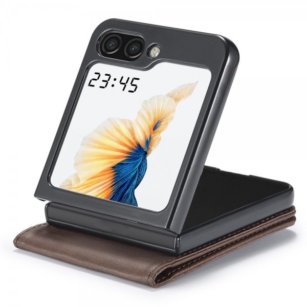 Lc.Imeeke Samsung Galaxy Z Flip 6/Flip 7 FE -suojakotelo korttipaikalla ja jalustatoiminnolla, tummanruskea