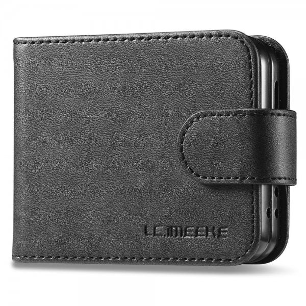 Lc.Imeeke Samsung Galaxy Z Flip 6/Flip 7 FE suojakotelo, jossa korttipaikka ja jalustatoiminto, musta
