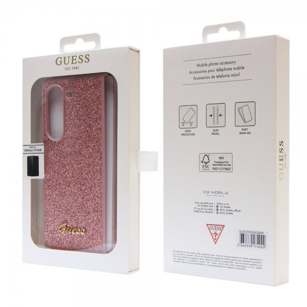 Guess Samsung Galaxy Z Fold 5 -kuori, jossa glitterhiutaleita ja metallinen logo, vaaleanpunainen
