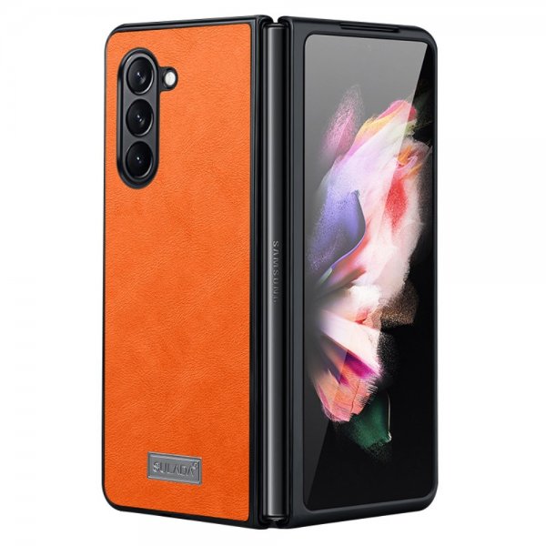 Sulada Samsung Galaxy Z Fold 5 kuori, nahkarakenne, oranssi