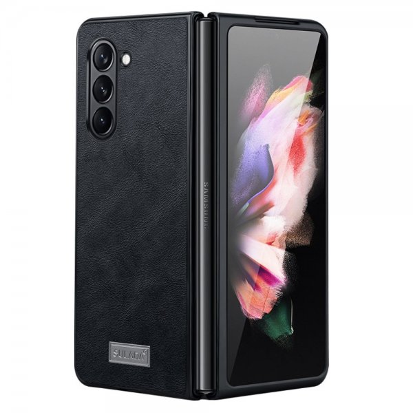 Sulada Samsung Galaxy Z Fold 5 kuori, nahkatekstuuri, musta