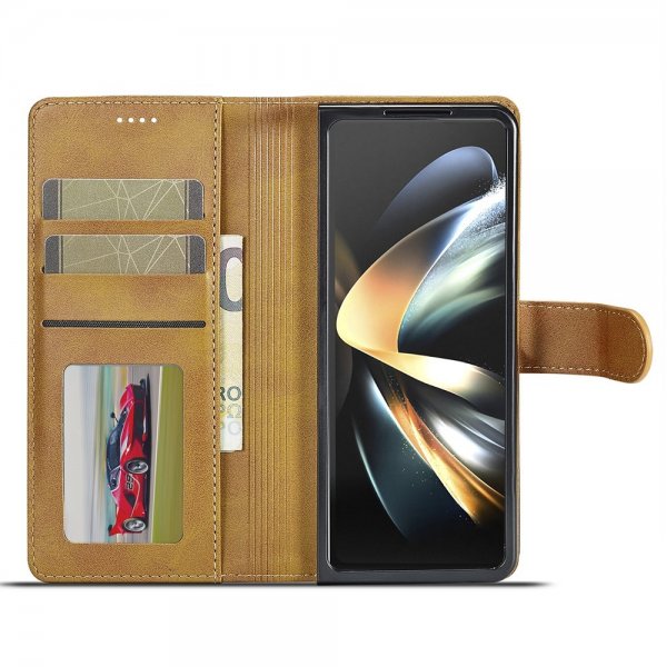 Lc.Imeeke Samsung Galaxy Z Fold 6 -kotelo, jossa korttipaikka ja jalusta, vaaleanruskea