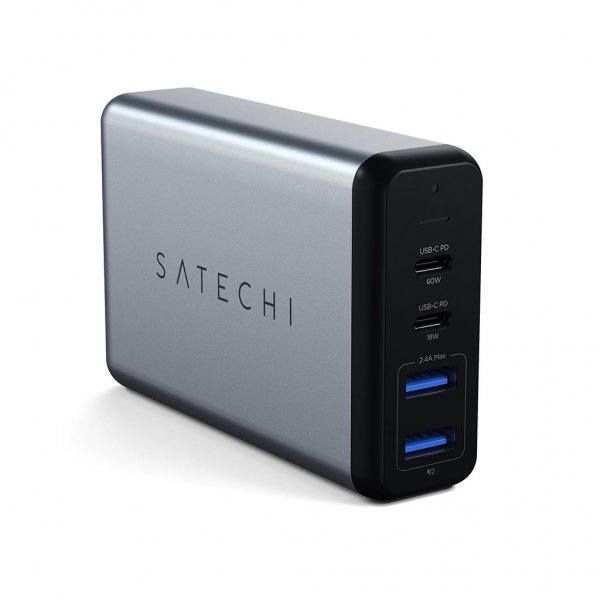 Satechi 75W PD matkalaturi, jossa kaksi USB-C- ja USB-A-porttia, harmaa