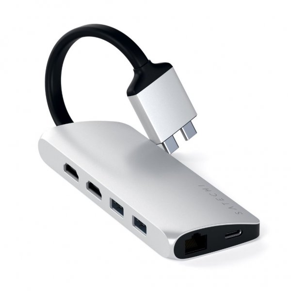 Satechi USB-C Multimedia Adapteri Kaksi 4K HDMI:tä Gigabit Ethernet Hopea