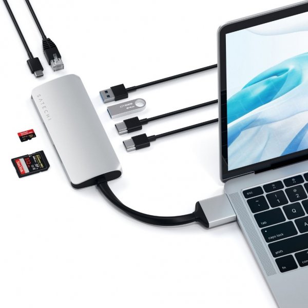 Satechi USB-C Multimedia Adapteri Kaksi 4K HDMI:tä Gigabit Ethernet Hopea