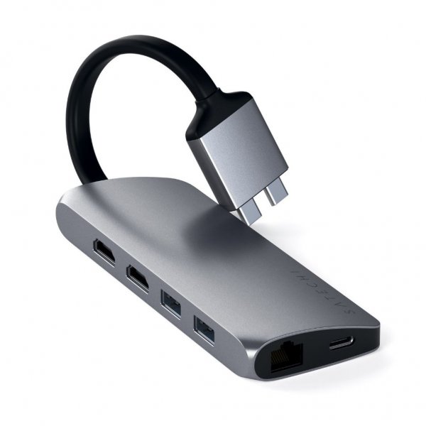 Satechi USB-C Multimedia Adapteri Kaksi 4K HDMI:tä Gigabit Ethernet Hopea