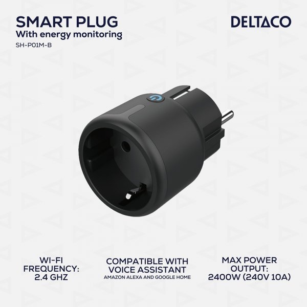 Deltaco Smart Home Älykäs kauko-ohjattava pistorasia, WiFi, musta