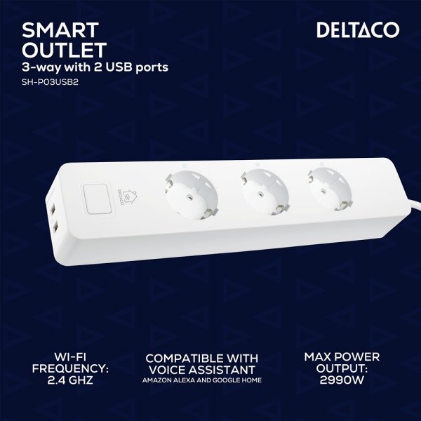 Deltaco Smart Home Älykäs jatkojohto WiFi 3xCEE 7/3 & 2xUSB-A 1.5m