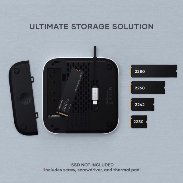 Satechi Mac Mini M4 -jalusta ja keskitin SSD-kotelolla, hopea