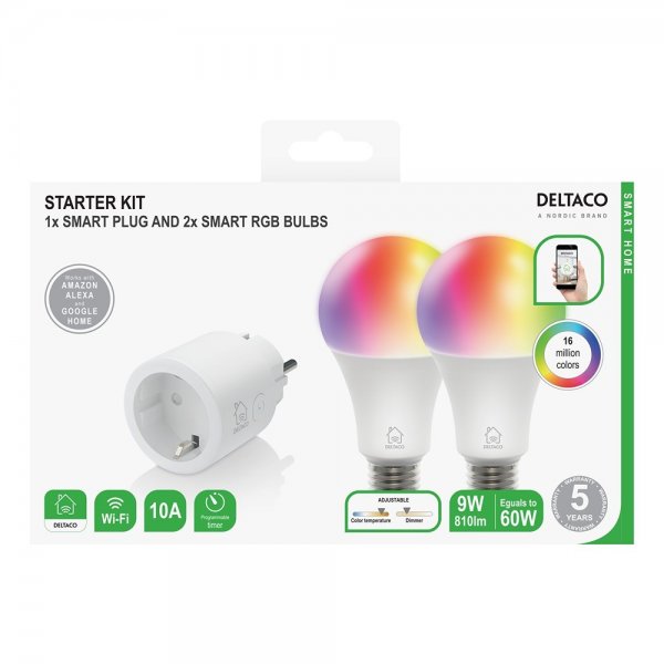 Deltaco Smart Home Starter Kit, sisältää Smart Plug -älypistokkeen ja 2 RGB LED-lamppua