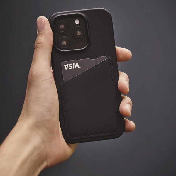 Mujjo iPhone 16 Pro Max -kotelo, täysnahkainen lompakkokotelo, musta