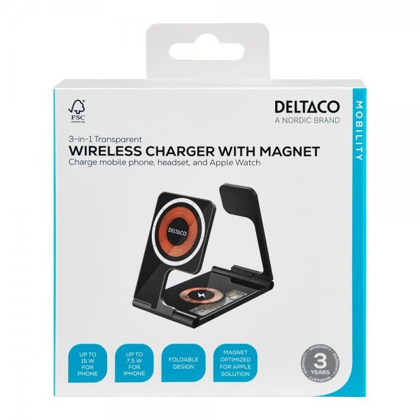 Deltaco Langaton Laturi 3-in-1 Läpinäkyvä Kokoontaittuva MagSafe