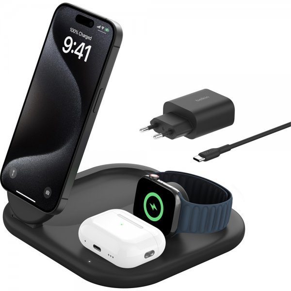 Belkin Langaton Laturi BoostCharge 3-in-1 Taitettava MagSafe Qi2 15W Musta