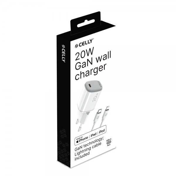Celly 20W GaN USB-C -seinälaturi Lightning-kaapelilla